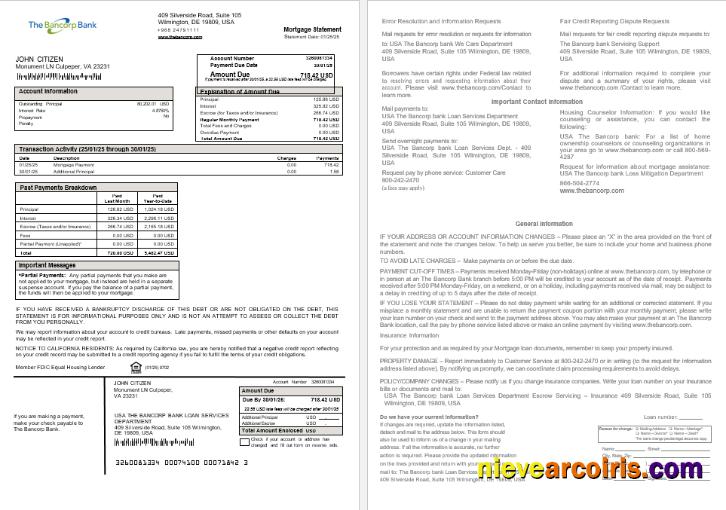 USA The Bancorp bank mortgage statement